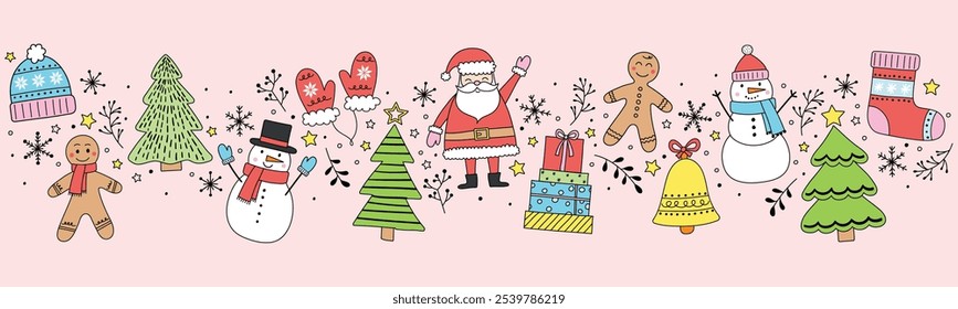 Colourful Christmas banner with cartoon elements. Vector illustration
