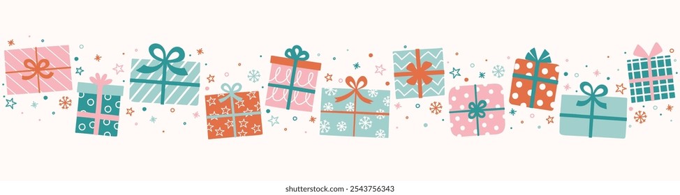 Colourful Christmas banner in cartoon style. Funny hand drawn presents. Vector illustration