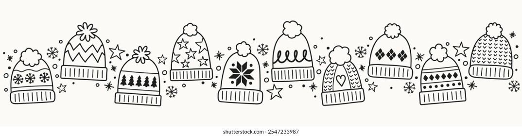 Colourful Christmas banner in cartoon style. Funny hand drawn winter hats. Vector illustration