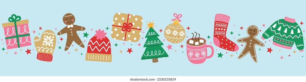 Colourful Christmas banner with cute hand drawn elements. Christmas tree, ball, present, sock, cookie, cup, hat, gloves. Vector illustration