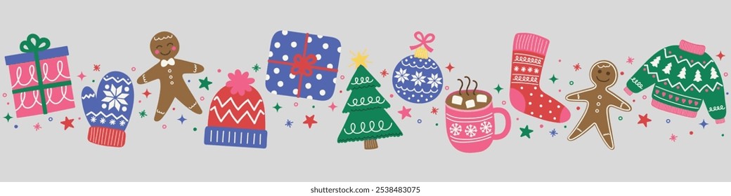 Colourful Christmas banner. Festive tree, ball, present, sock, cookie, cup, hat, gloves. Vector illustration
