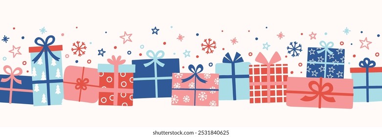 Colourful Christmas banner with hand drawn presents. Vector illustration