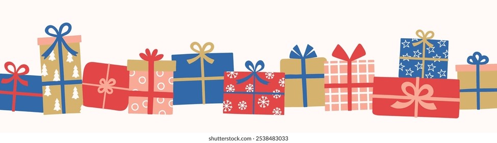 Colourful Christmas banner with hand drawn presents. Vector illustration