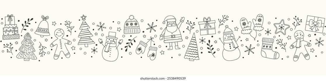 Colourful Christmas banner with hand drawn characters and ornaments. Vector illustration