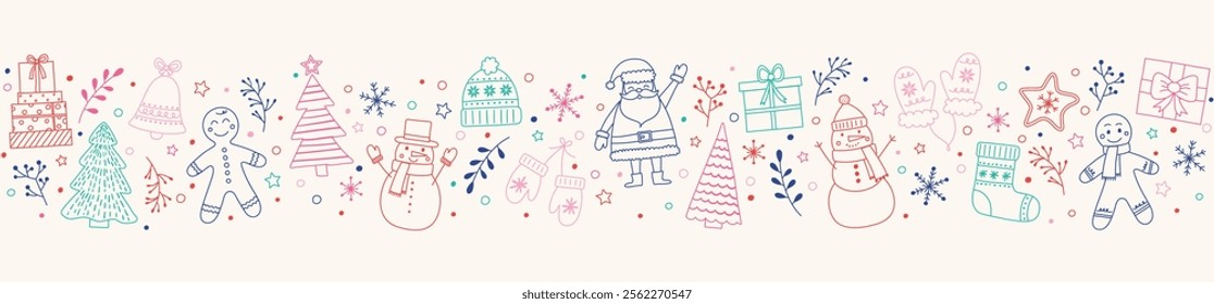 Colourful Christmas banner with hand drawn characters and ornaments. Vector illustration