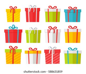 Colourful Christmas boxes set isolated on white. Vector illustration of presents decorated by thin ribbons and beautiful bows. Gifts for celebration weddings, birthday parties, Christmas holidays