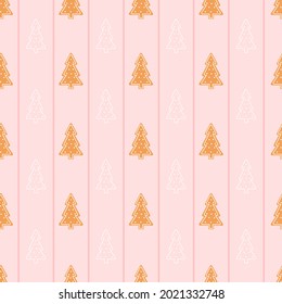 Colourful christmas cookies seamless pattern with gingerbread xmas tree on pink background with stripes