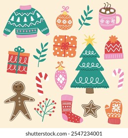 Colourful Christmas element set. Festive tree, ball, present, sock, cookie, cup, hat, sweater, gloves. Vector illustration