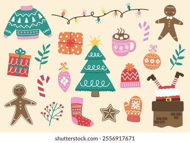 Colourful Christmas element set. Festive tree, ball, present, sock, cookie, cup, hat, sweater, gloves. Vector illustration