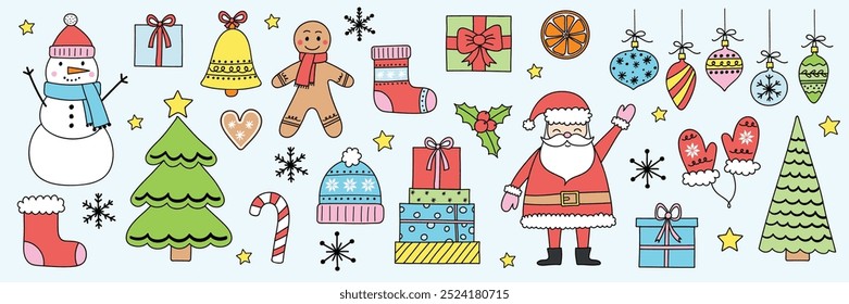 Elementos de Natal colorido. Coleção de personagens de X-Mas de desenho animado e ornamentos. Ilustração vetorial