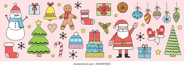 Colourful Christmas elements. Collection of cartoon X-Mas characters and ornaments. Vector illustration