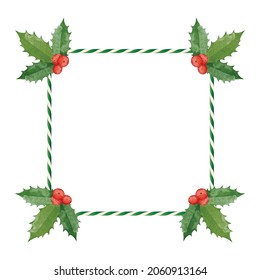 Colourful Christmas frame with candy cane and red berries. 