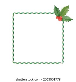 Colourful Christmas frame with candy cane and red berries. 