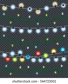 Colourful Christmas garlands lamps on transparent background. Vector illustration of Xmas bright realistic decorations in round and oval shape on wire. Glowing elements for house decoration.