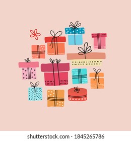 Coloridas cajas de regalo de Navidad. Días de fiesta. Celebración del cumpleaños.