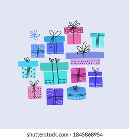 Colourful Christmas gift boxes. Doodle holiday presents. Birthday celebration.