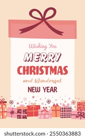 Colourful Christmas greeting card in cartoon style. Funny hand drawn presents. Vector illustration
