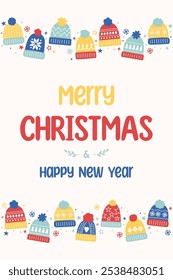 Colourful Christmas greeting card with cute winter hats. Poster with festive decoration. Vector illustration