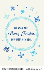 Colourful Christmas greeting card with hand drawn snowflakes. Vector illustration 