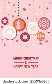 Colourful Christmas greeting card in modern style. Decorated ball and snowflakes. Vector illustration