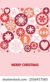 Colourful Christmas greeting card in modern style. Decorated ball and snowflakes. Vector illustration