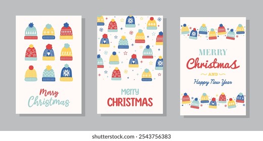 Colourful Christmas greeting card set with cute winter hats. Poster with festive decoration. Vector illustration