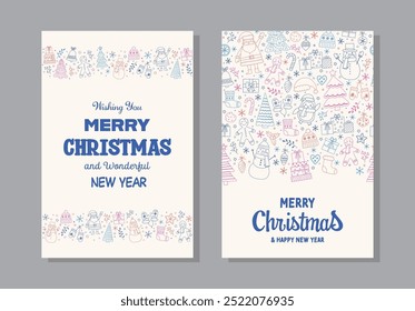 Colourful Christmas greeting cards collection with cute elements. Vector illustration