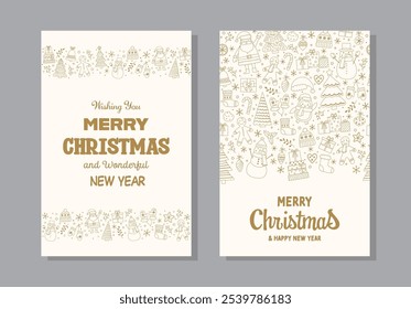 Colourful Christmas greeting cards collection with cartoon decorations. Vector illustration
