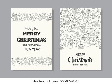 Colourful Christmas greeting cards set with cute hand drawn ornaments. Vector illustration