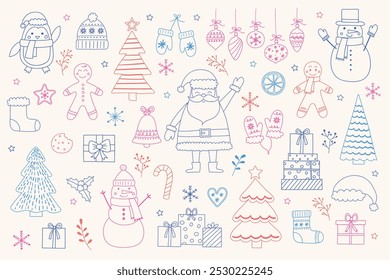 Conjunto de ícone colorido de Natal. Personagens de férias desenhados à mão e ornamentos. X-Mas design de clip-art. Ilustração vetorial