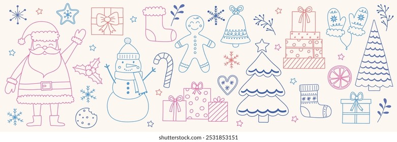 Conjunto de ícone colorido de Natal. Personagens de férias desenhados à mão e ornamentos. X-Mas design de clip-art. Ilustração vetorial
