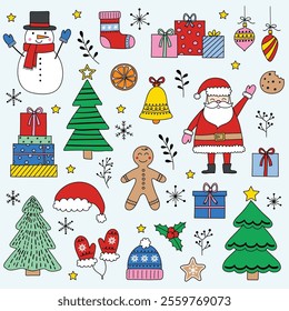 Colourful Christmas icon set. Hand drawn holiday characters and ornaments. X-Mas clip art design. Vector illustration