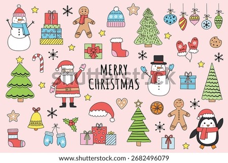 Colourful Christmas icon set. Hand drawn holiday characters and ornaments. X-Mas clip art design. Vector illustration
