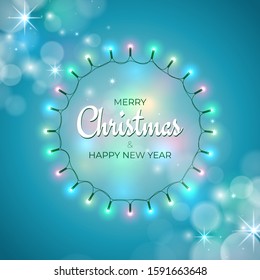Colourful christmas lights. Wreath of glowing xmas garland. Merry Christmas and happy new year holiday greeting card. Glowing lights on blue background. Vector holiday xmas party banner design