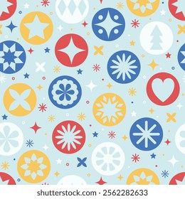 Colourful Christmas pattern. Decorated balls with snowflakes and stars. Vector illustration