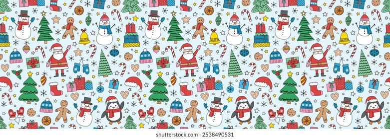 Colourful Christmas pattern with hand drawn decorations. Holiday background design. Vector illustration