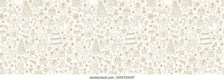 Padrão de Natal colorido com decorações desenhadas à mão. Projeto de fundo de férias. Ilustração vetorial