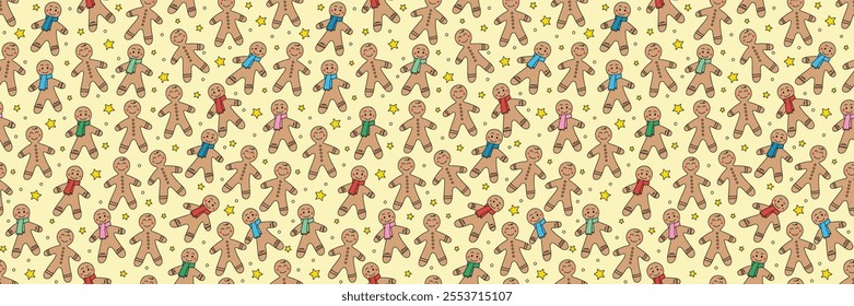 Colourful Christmas pattern with hand drawn gingerbread cookies. Holiday background design. Vector illustration