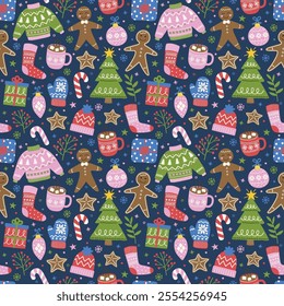 Colourful Christmas pattern. Hand drawn festive elements. Vector illustration