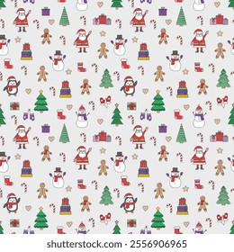 Colourful Christmas pattern with hand drawn decorations. Holiday background design. Vector illustration