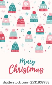 Colourful Christmas poster in cartoon style. Greeting card decorated with cute hand drawn winter hats. Vector illustration