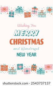 Colourful Christmas poster in cartoon style. Greeting card decorated with cute hand drawn presents. Vector illustration