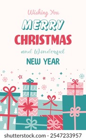 Colourful Christmas poster in cartoon style. Greeting card decorated with cute hand drawn presents. Vector illustration