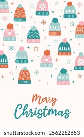 Colourful Christmas poster in cartoon style. Greeting card decorated with cute hand drawn winter hats. Vector illustration