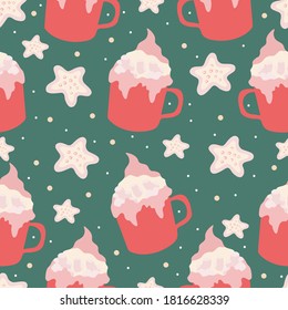 Colourful Christmas seamless pattern. Cartoon cups of mugs with cream and marshmallows and cookies. Cozy winter season print. Vector illustration for wrapping, textile.