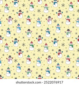 Colourful Christmas seamless pattern with cartoon snowman and snowflakes. Vector illustration