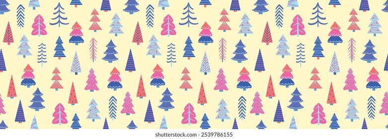 Colourful Christmas seamless pattern with cartoon trees. Wallpaper design. Vector illustration