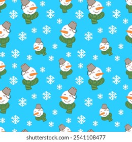 Patrón sin fisuras de Navidades coloridas con muñeco de nieve de dibujos animados y copos de nieve. 