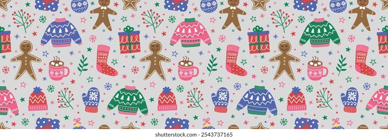 Colourful Christmas seamless pattern with cartoon decorations. Banner. Vector illustration