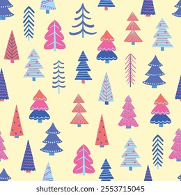 Colourful Christmas seamless pattern with cartoon trees. Wallpaper design. Vector illustration